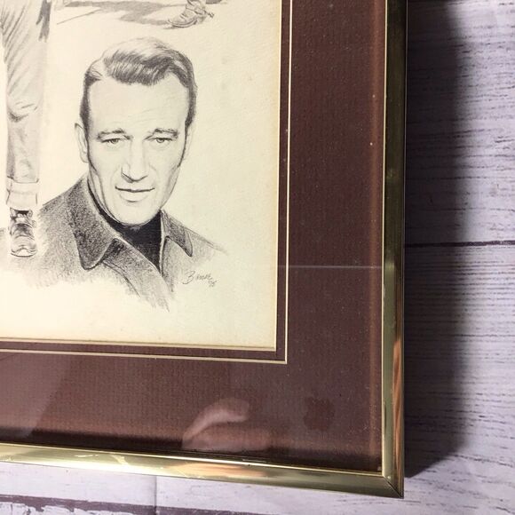 Vintage 1975 Glen Base John Wayne Pencil Sketch Art Framed - Picture 6 of 16